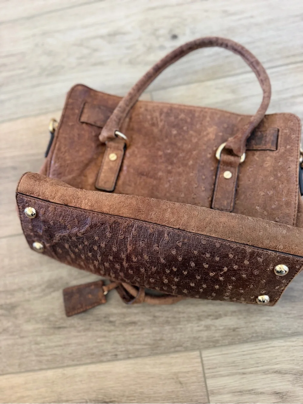Michael Kors Chestnut Ostrich-Texture Satchel with Gold Hardware